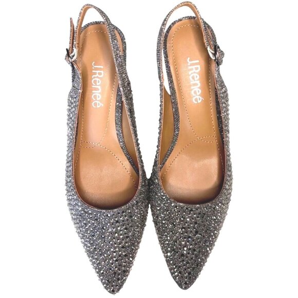R J. Renee Ferryanne Rhinestone Glitter Fabric Slingback Pumps Silver 7.5 New - Picture 6 of 14